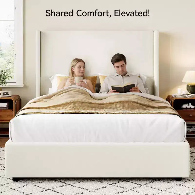 Dyonery Queen Upholstered Platform Bed with 55.5 Wingback Headboard, Quiet Wooden Slat Support, No Box Spring Required
