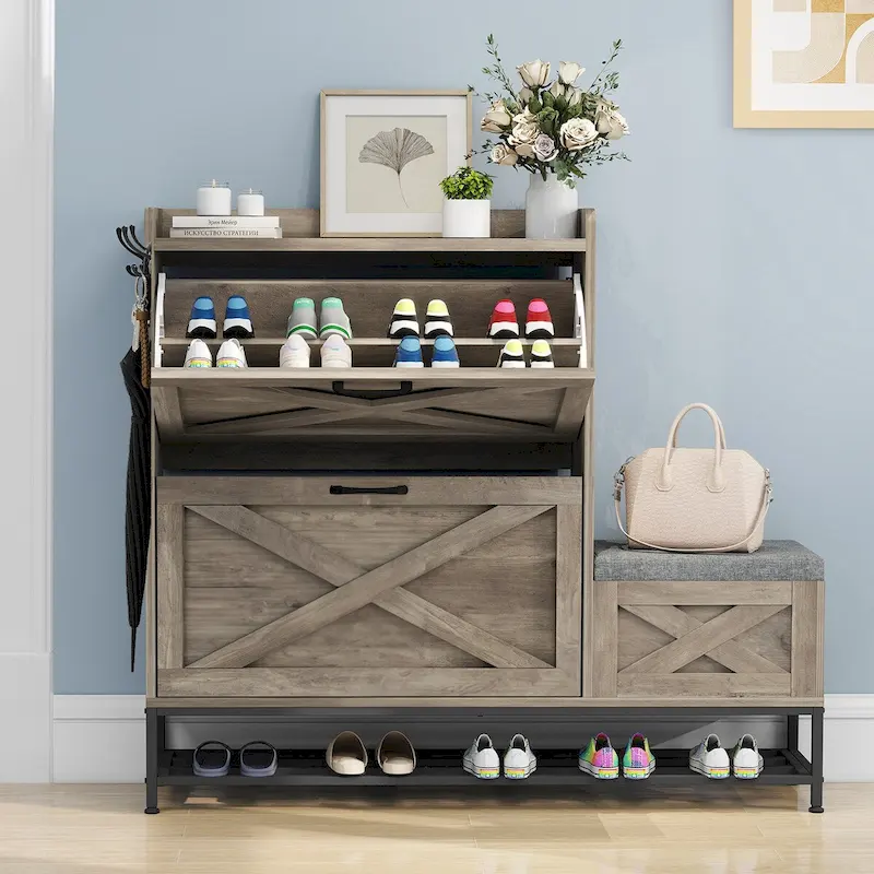 Farmhouse Shoe Storage Cabinet with 2 Flip Drawers for 16 Pairs Entryway Shoe Storage with Shoe Bench