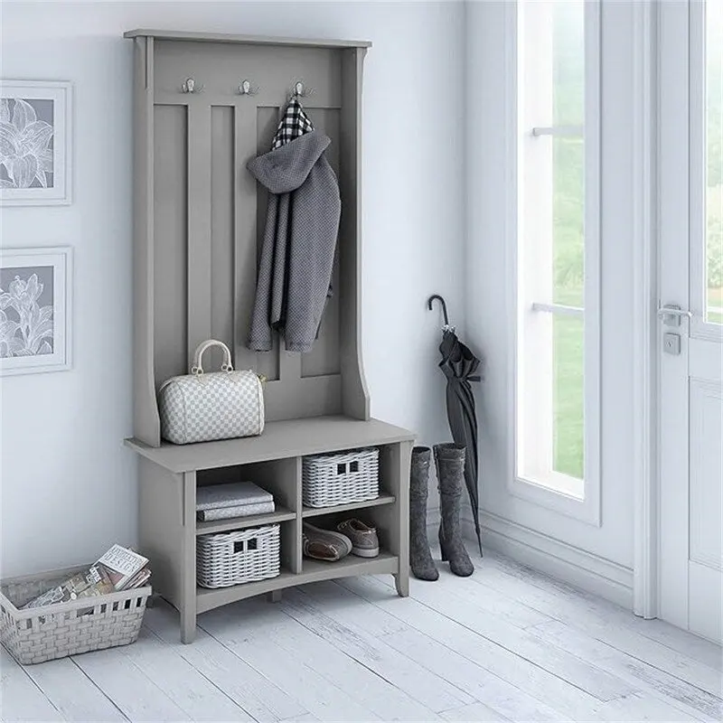 Cape Cod Gray / Antique White / Vintage Black Mission-Style Hall Tree with Shoe Bench – 4-Person Entryway