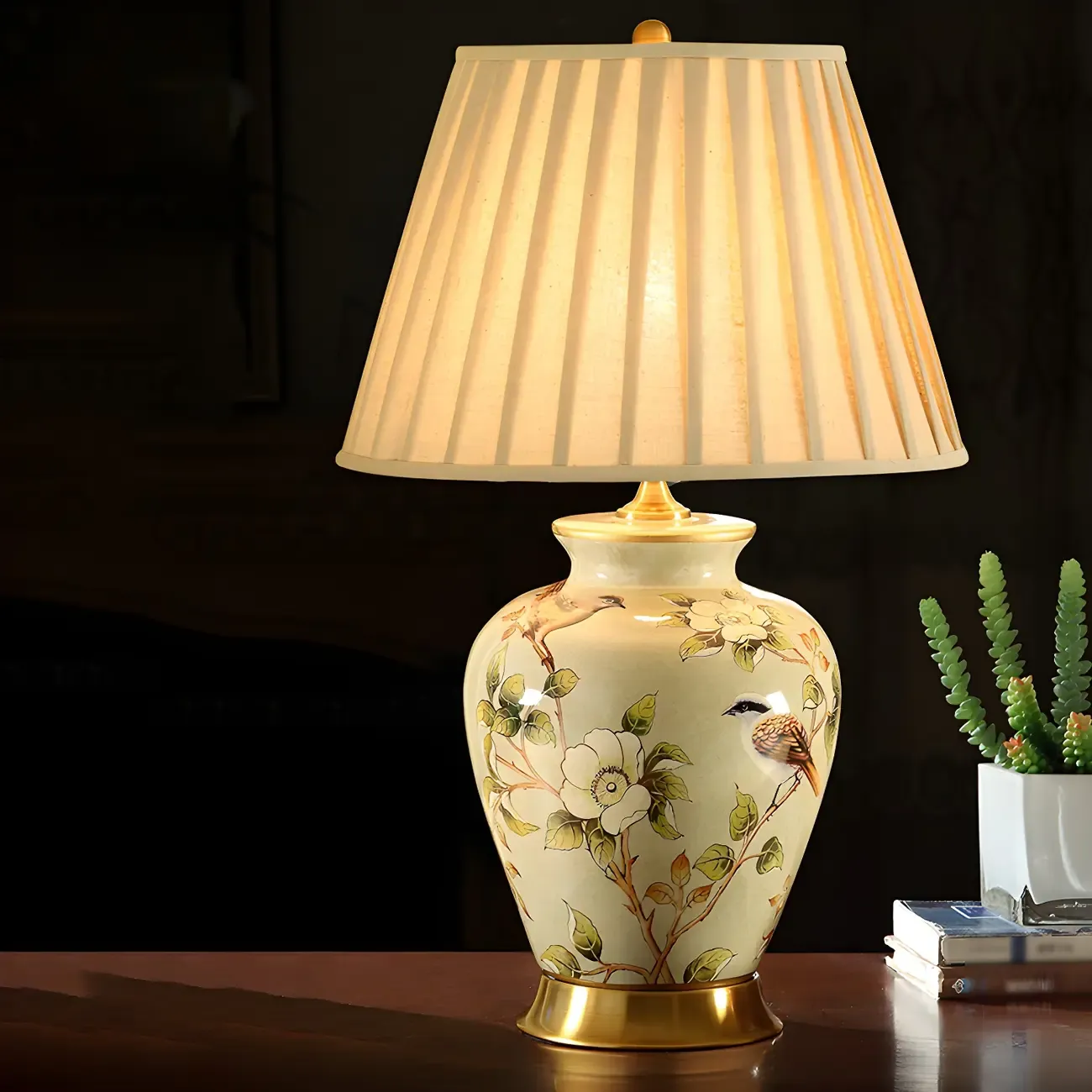 HomeyFad Classical Light Yellow Fabric Shade Floral Ceramic Table Lamp