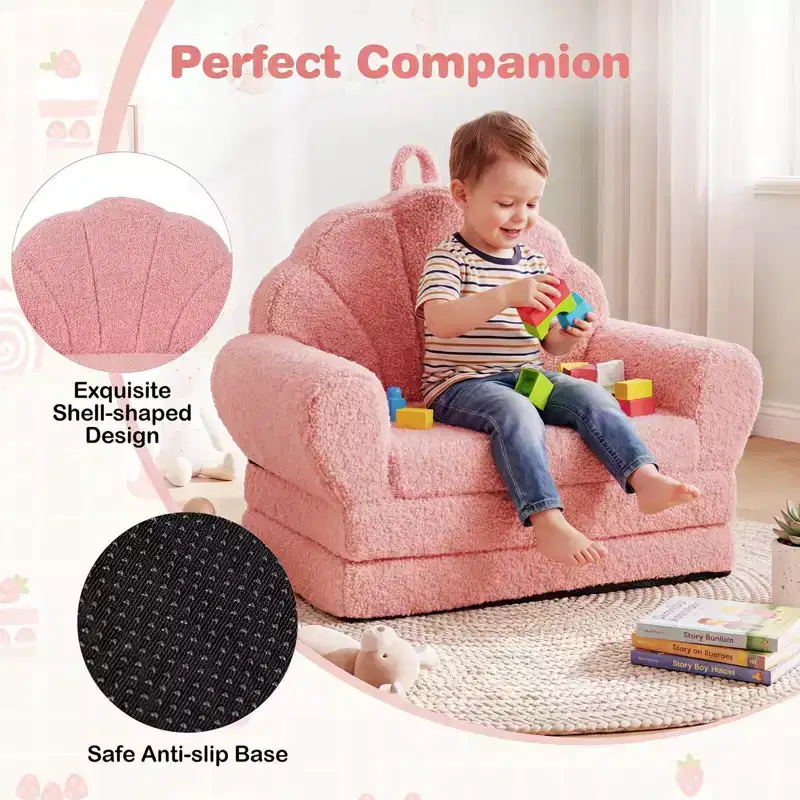 Costway Fold-out Kids Sofa 2-in-1 Convertible Toddler Couch & Lounger with Non-slip Base Beige/Green/Pink