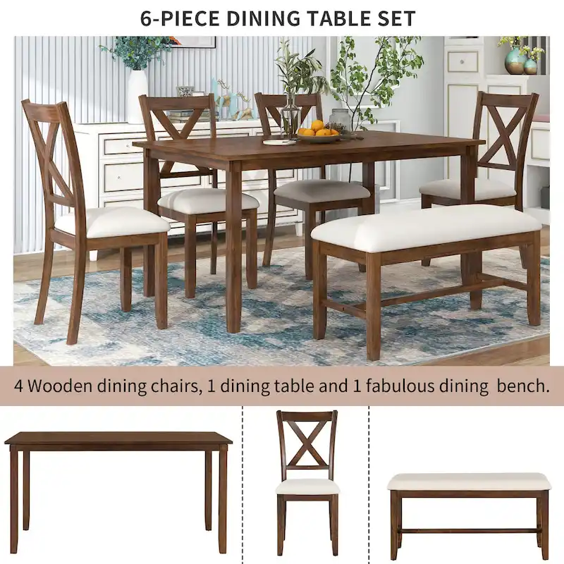 Nestfair 6-Piece Dining Table Set with 4 Fabric Chairs and Bench