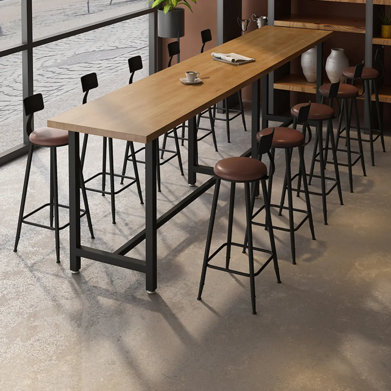 Footrest Black Metal 3-Pedestal Bar Table