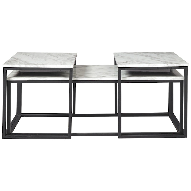 3 Piece Occasional Table, Metal Frame, Marble Top, White and Black