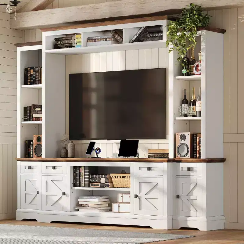 AMERLIFE Farmhouse Entertainment Center Wall Unit with Bookshelves