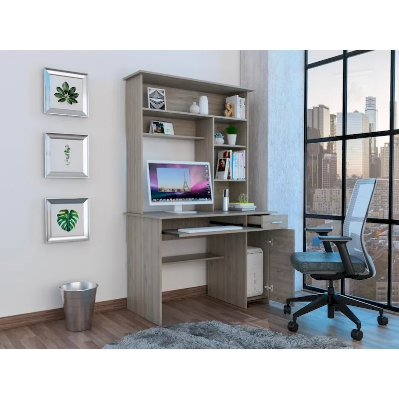 Compu 180 Hutch Desk with 5 Shelves, Retractable Keyboard Tray, CPU Panel, and Drawer