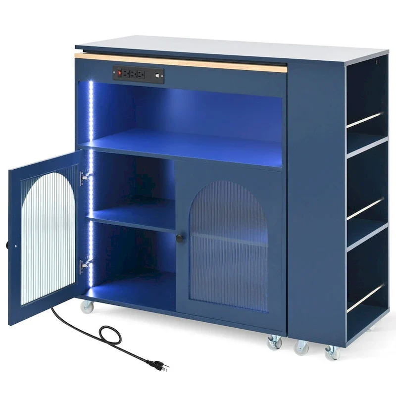 56.3 in. W Kitchen Island with Extended Table, LED Lights and Side 3 Open Shelves