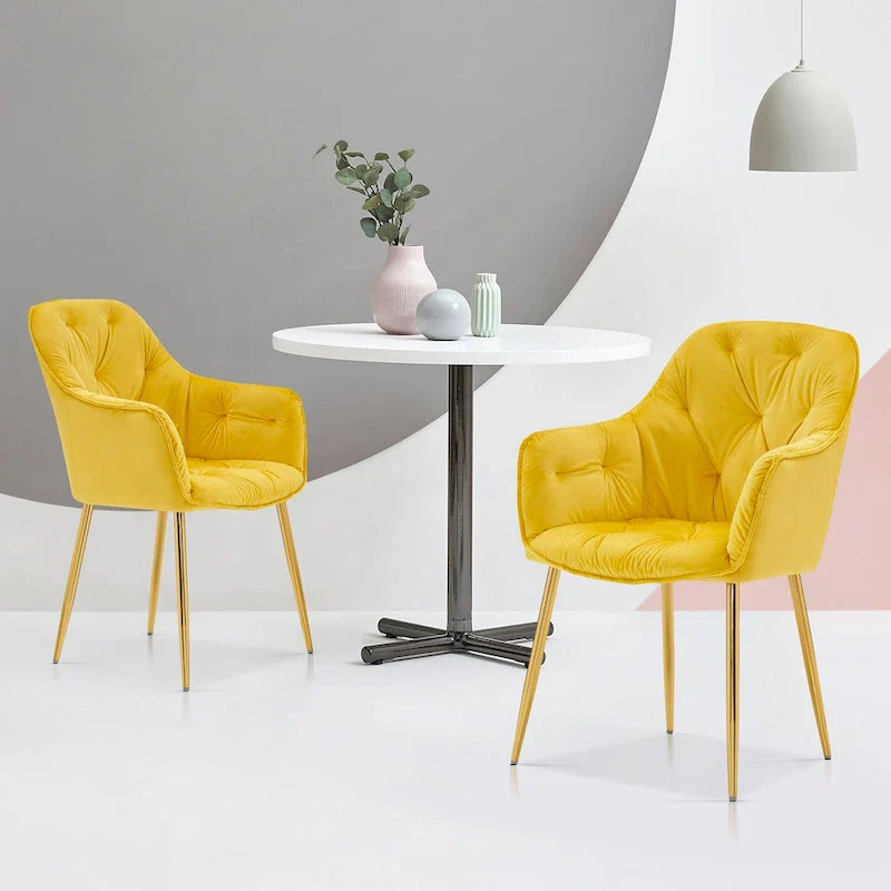 Tufted Dining Chairs Set of 2, Accent Chair with Solid Gold Plated Legs