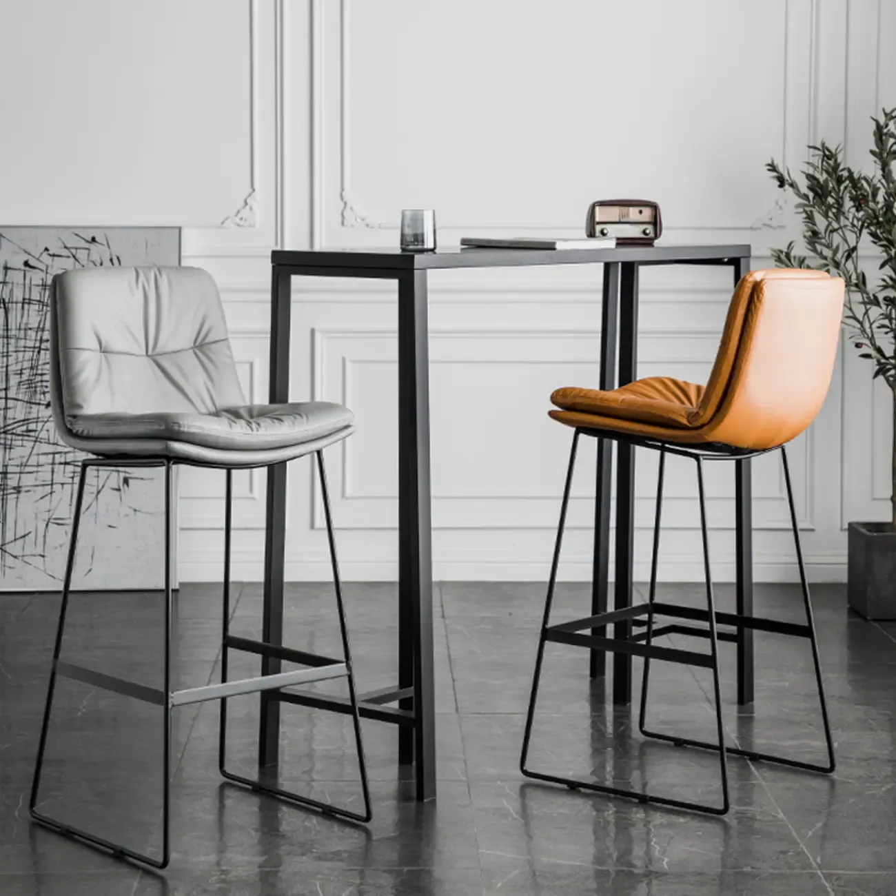 Modern Upholstered Low Back Metal Sled Bar Stools