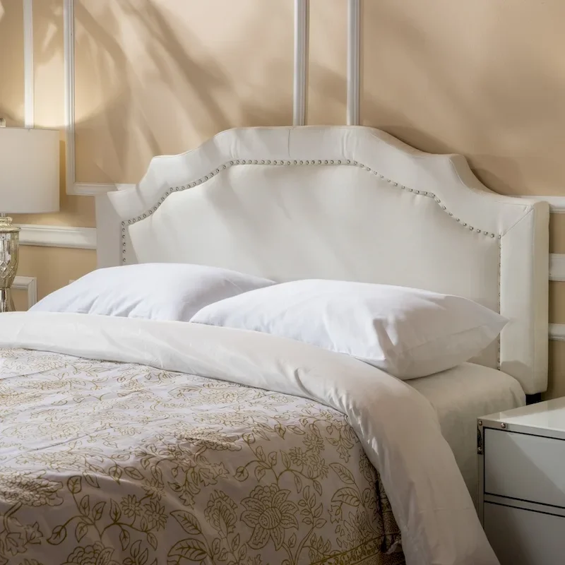 Beige/Light Grey/Ivory Fabric Upholstered Adjustable Full/Queen Headboard with Nailhead Trim