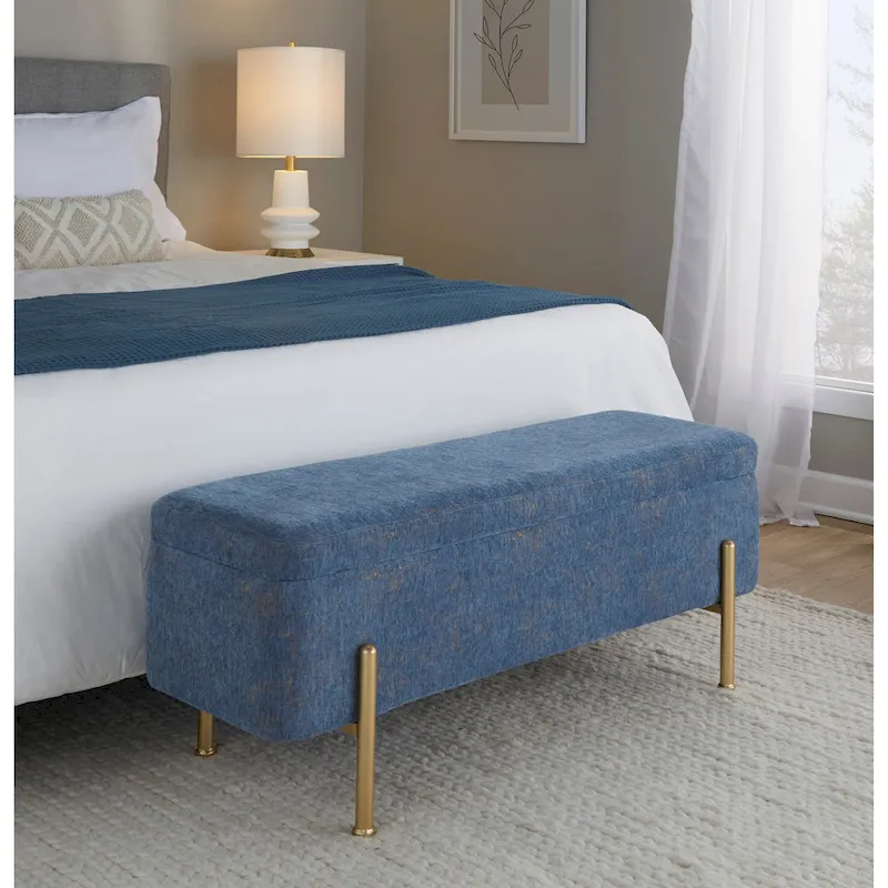 Upholstered Storage Bench with Flip-Top Lid — Fabric/Velvet/Faux Leather, Black/Gold Base, Seats 1