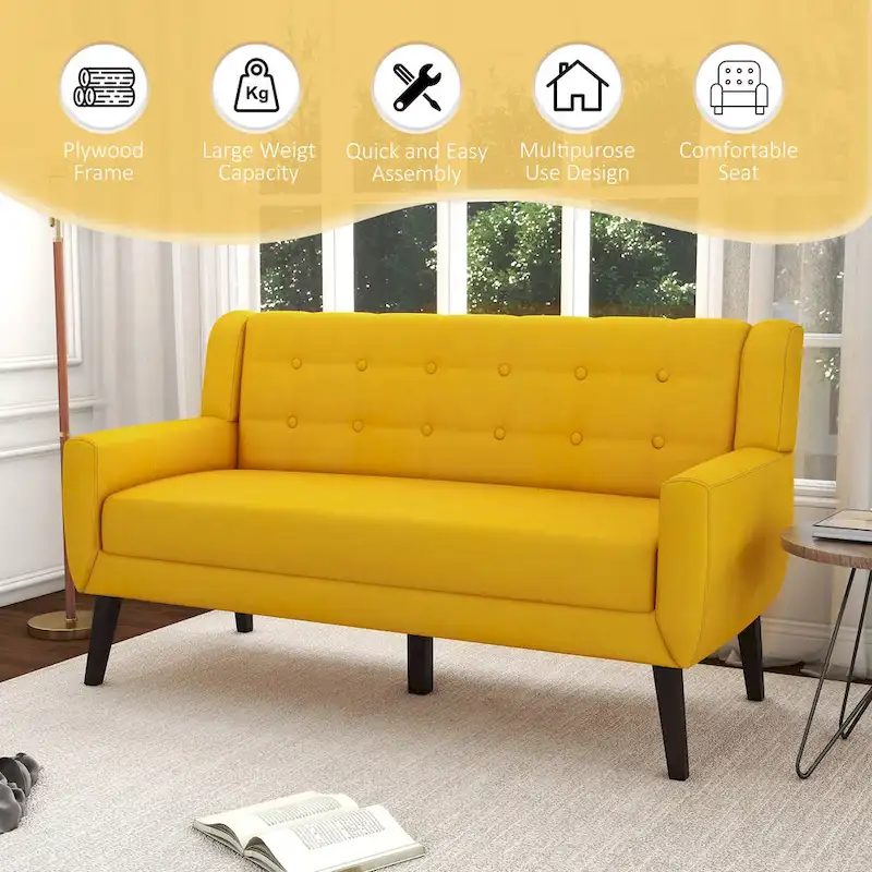 Modern Curved 63  Button Tufted Upholstered Loveseat with 2 Pillows