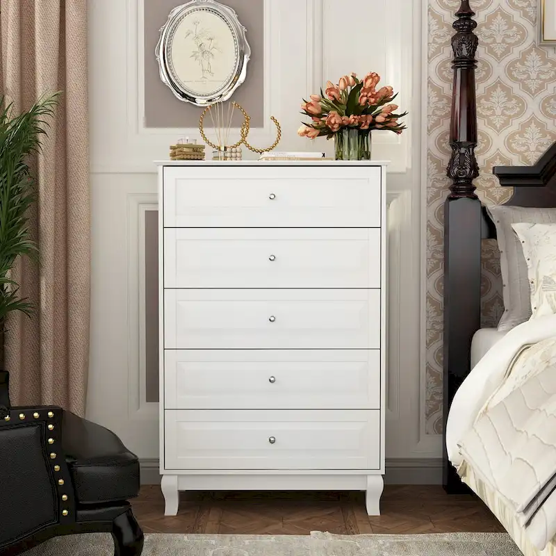 Chest of Drawers Tall 5 Drawer Dresser, Wood Dresser End Table Console