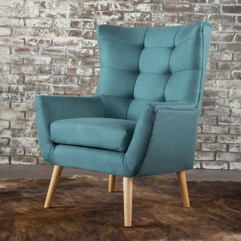 Modern 32.5 High Back Upholstered Button Tufted Wingback Chair with Rubber Wood Legs