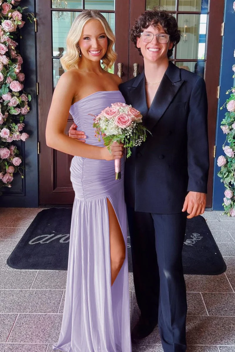 Hot Pink Sheath Strapless Pleated Chiffon Long Prom Dresses