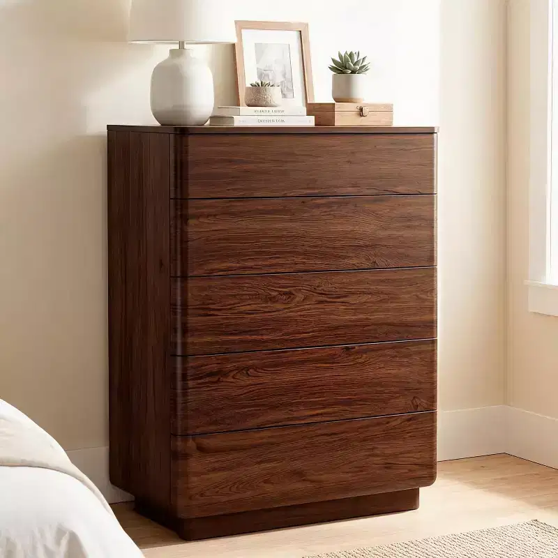 5 Drawer Dresser, Wooden Chest of Drawers, Modern Dresser with Curved Profile Design, Storage Organizer Cabinet for Bedroom Living Room