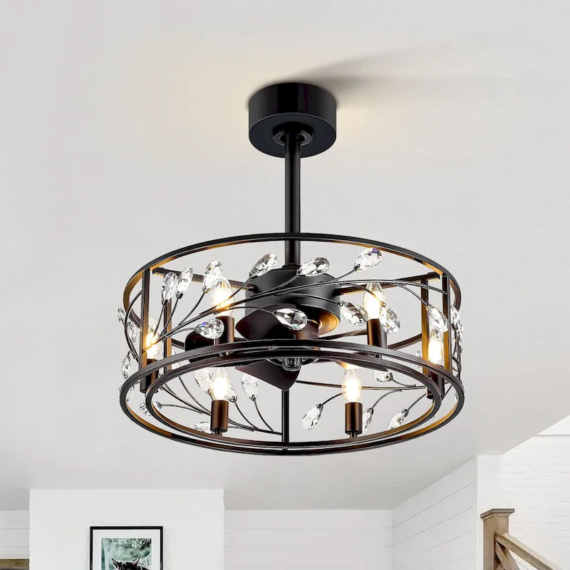 20  Black Caged Ceiling Fan with Crystal Light Kit Remote Control - 20 Inch