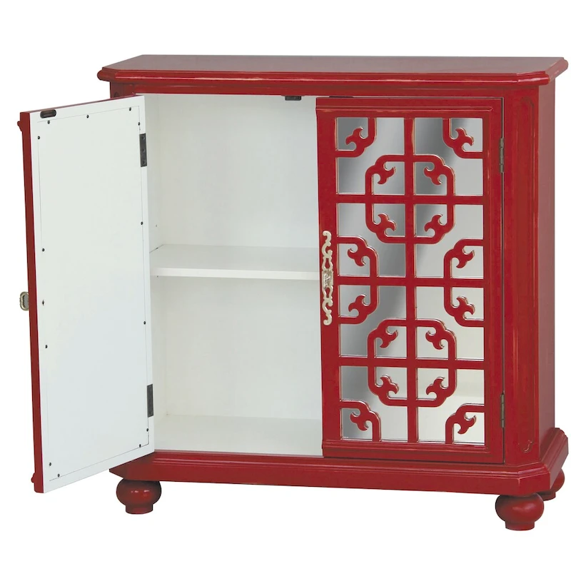 Hand Painted Distressed Red and Mirrored Finish Accent Chest - 13 x 34 x 34