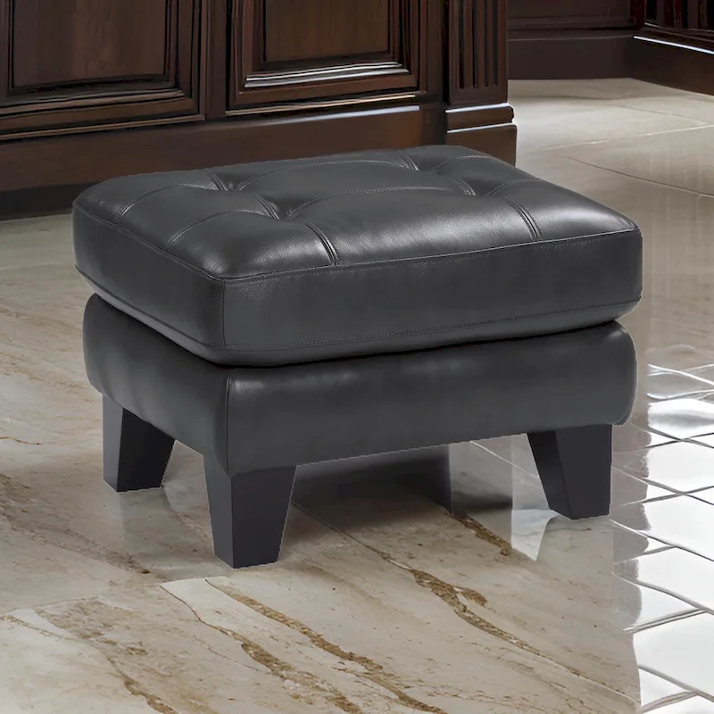 27 Inch Ottoman, Dark Gray Top Grain and Faux Leather, Solid Wood