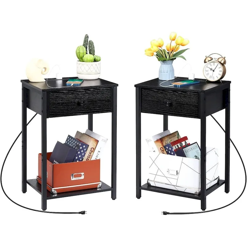 Set of 2 Nightstand with Charging Station