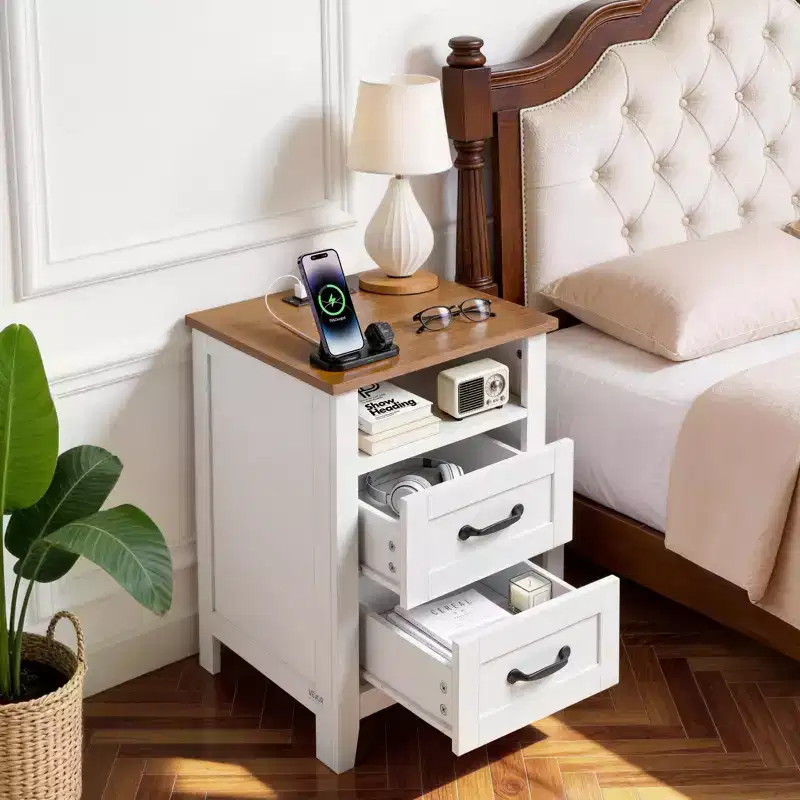 VEVOR Farmhouse Nightstand, with Charging Station, End Table with 2 Drawers and Open Shelf, Bedside Storage Cabinet,with USB Port and AC Outlets,White