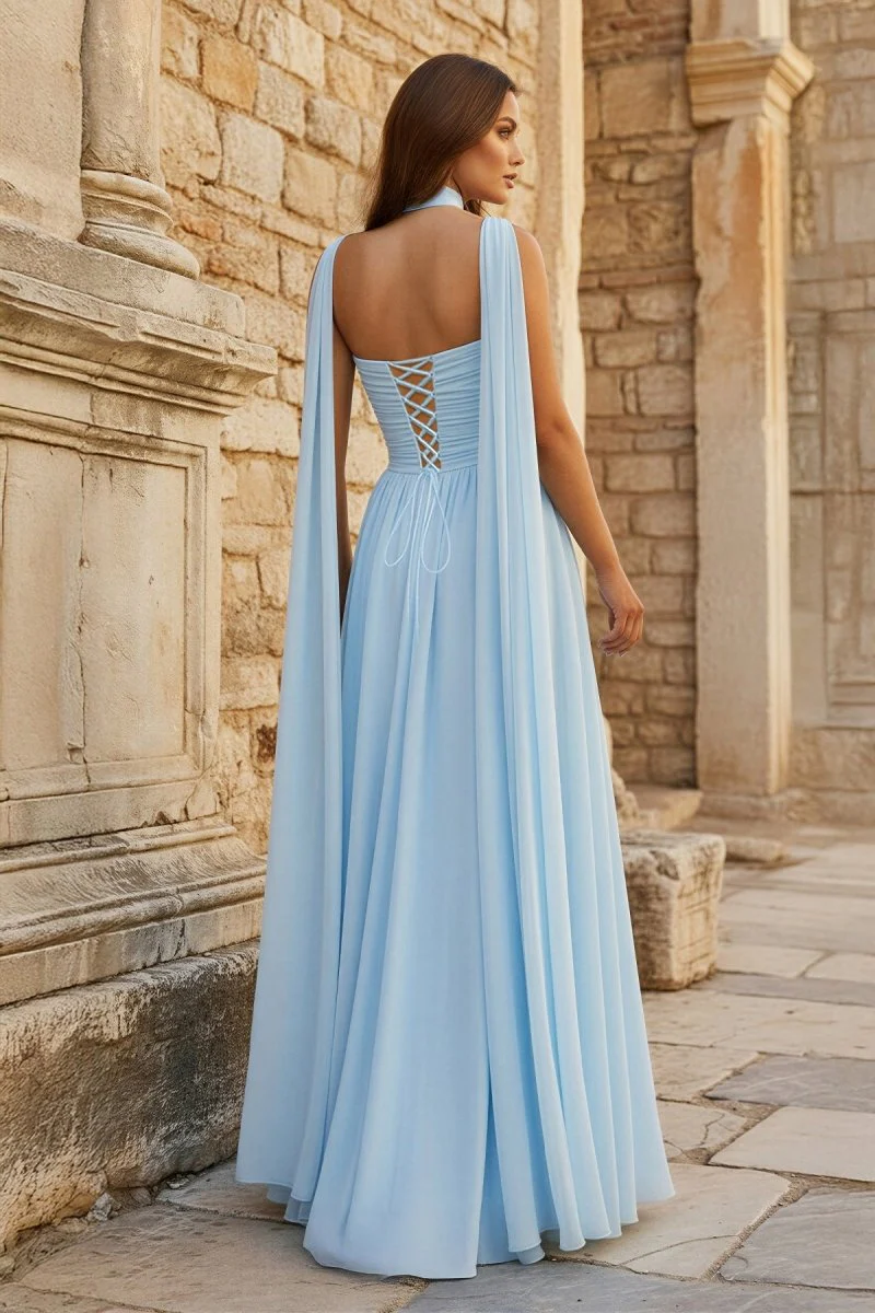 Sky Blue Strapless Chiffon Pleated A Line Long Prom Dresses With Scarf