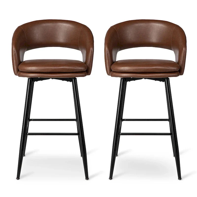 Mid-Century Modern Faux Leather Bar Stool with Nailhead Trim & Metal Legs – Black / Brown