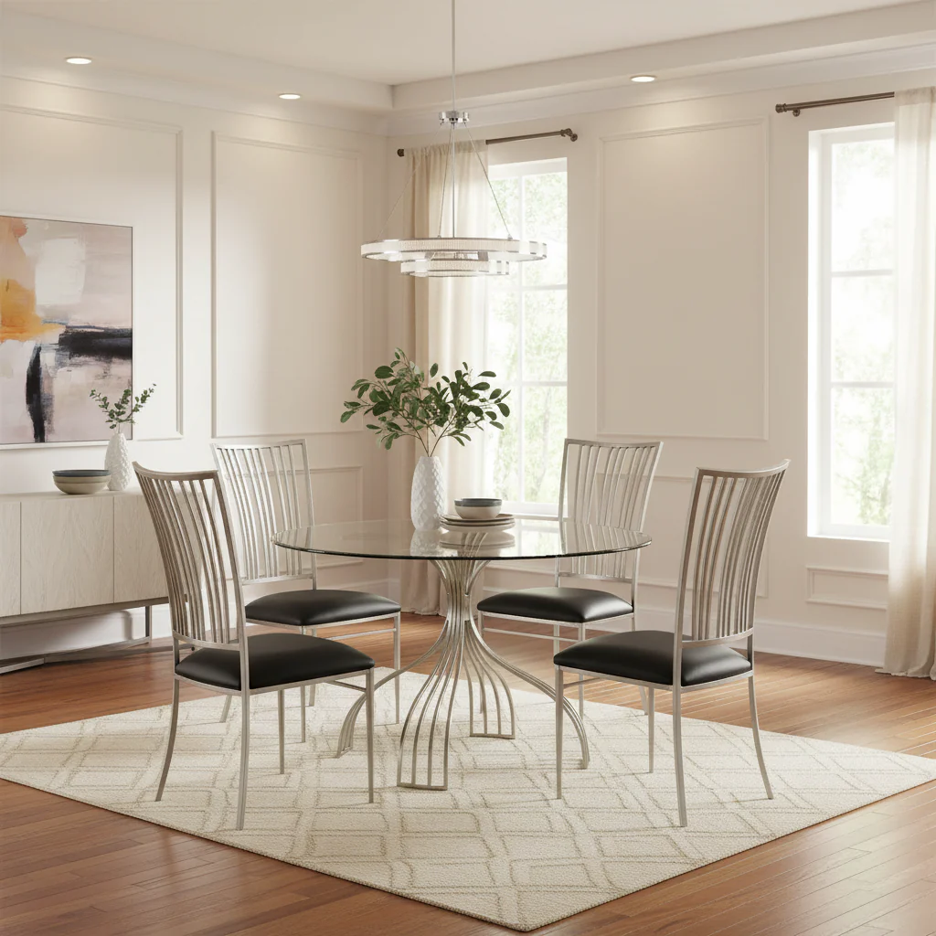 Silver Round Glass Top Dining Table, Brushed Nickel Base, 48 Inch, 4-Person