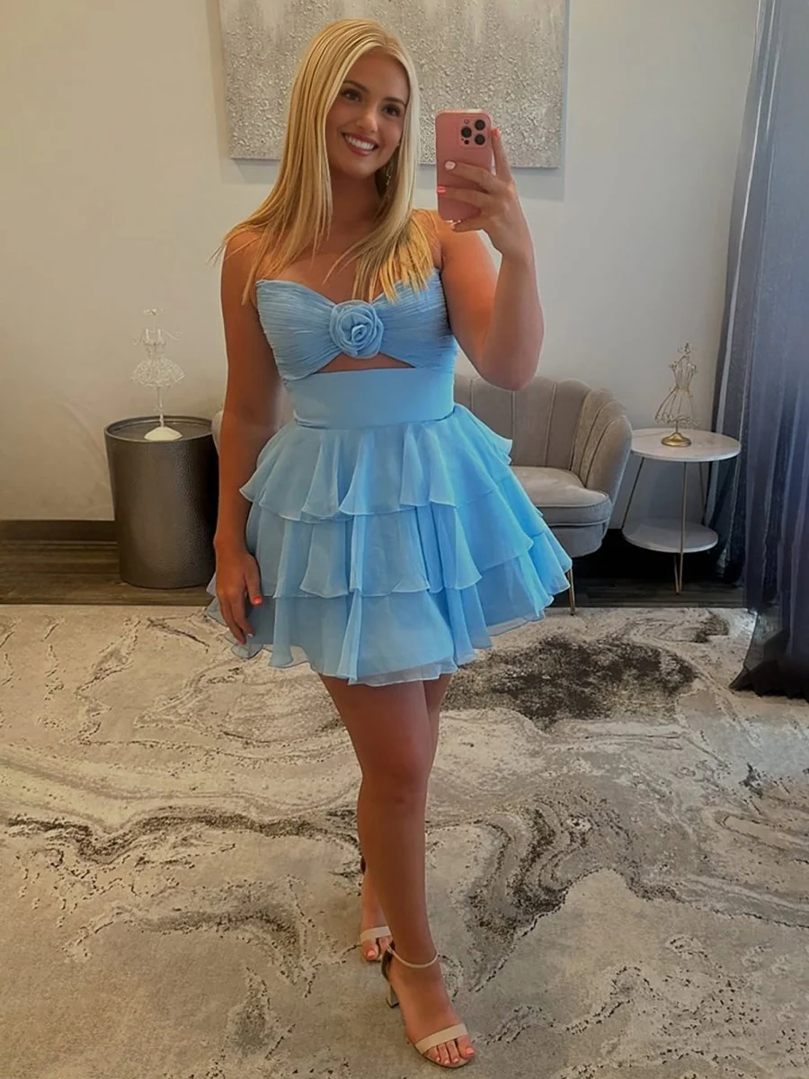 Blue - Strapless A Line Chiffon Ruffles Homecoming Dresses With Flower