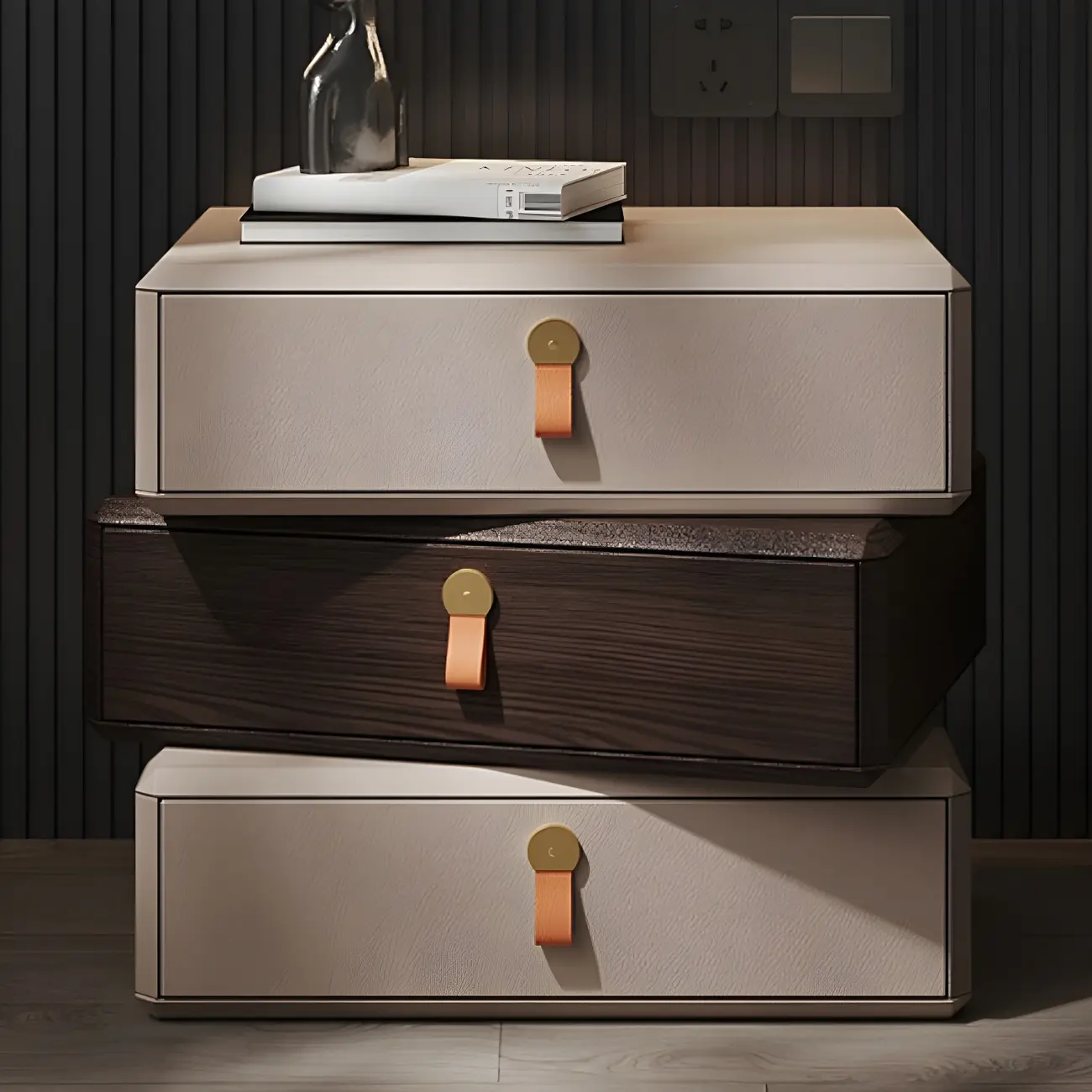 Stacked Beige Wood 3 Drawers Narrow Nightstand