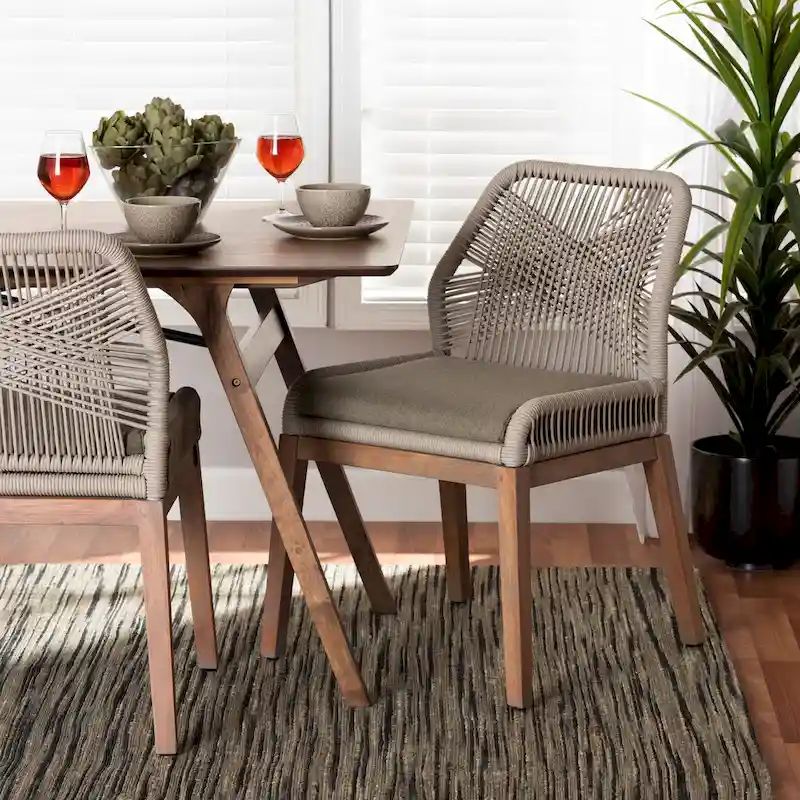 Jennifer Transitional Woven Rope Mahogany Dining Side Chair-Grey
