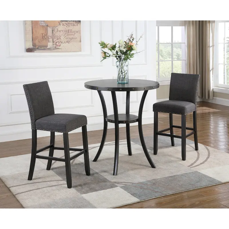 Modern Style 3-Piece Dining Collection with Round Bar Table and 2 Nailhead Pub Chairs