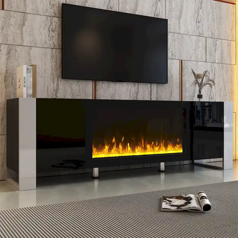 Black / White 68 in TV Stand with Electric Fireplace and 2 Storage Cabinets