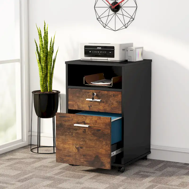Mobile File Cabinet with 2 Locking Drawers and Wheels – Black / White / Vintage Brown