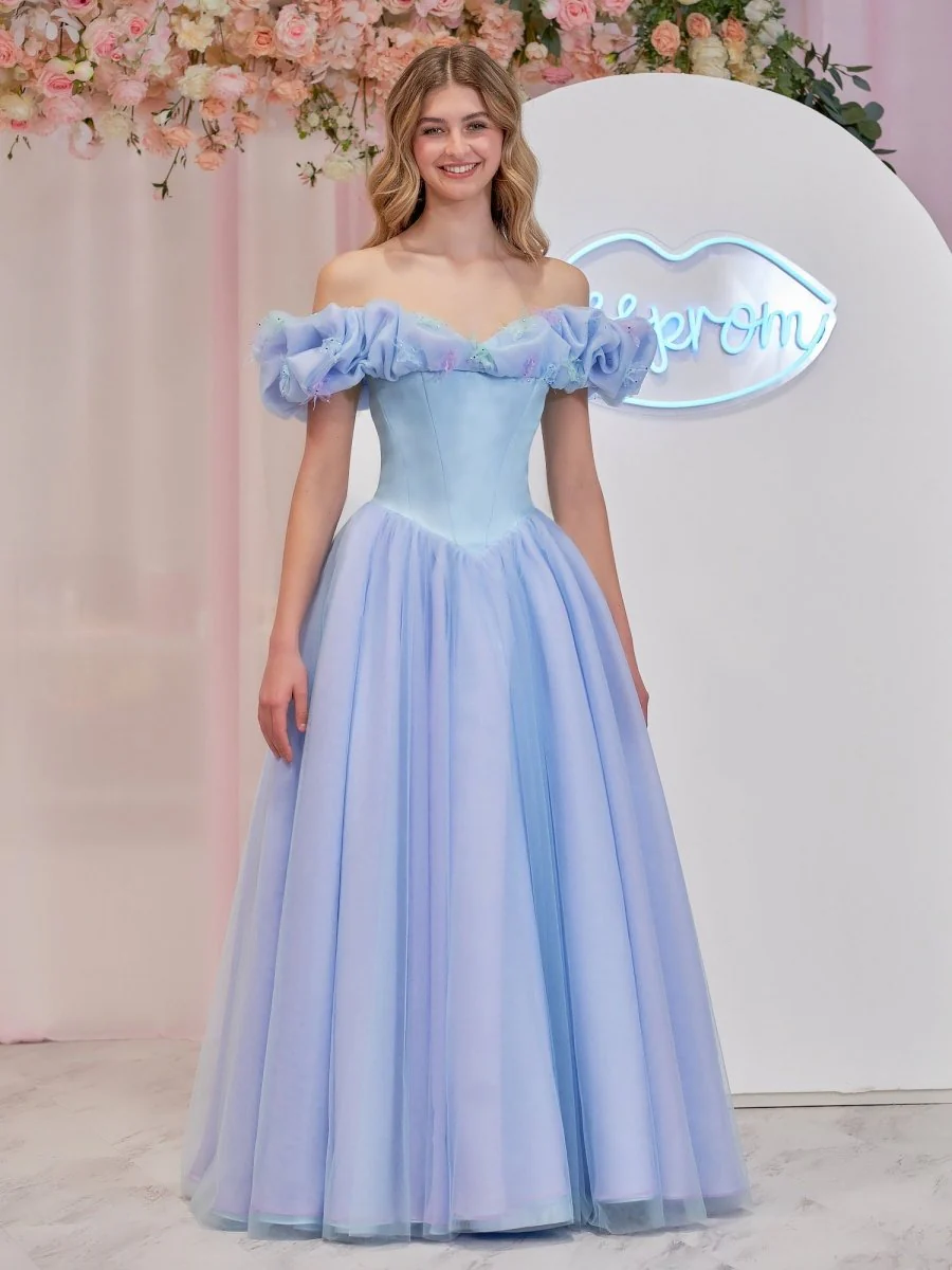 Cinderella Sky Blue Tulle Off the Shoulder With Crystals & Butterflies Ball Gown