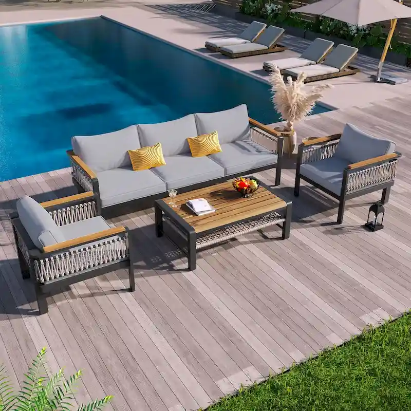 4 Piece Outdoor Woven Rope Furniture Set, Patio Sectional Sofa Set with Removable Waterproof Cushions and Coffee Table