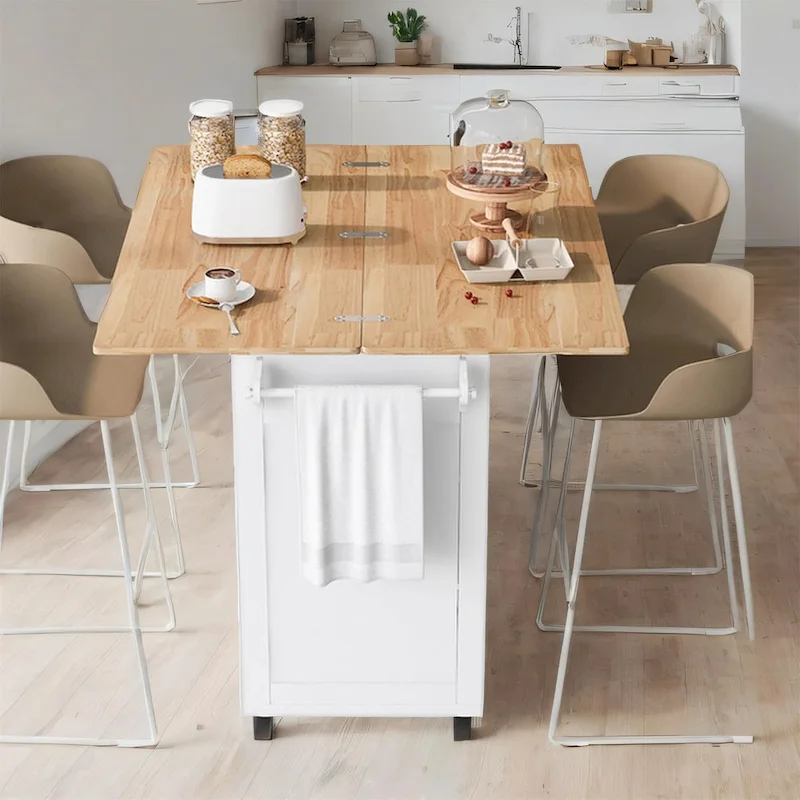 Rolling Kitchen Island w/ Foldable Counter Top,Towel Rack and Drawer