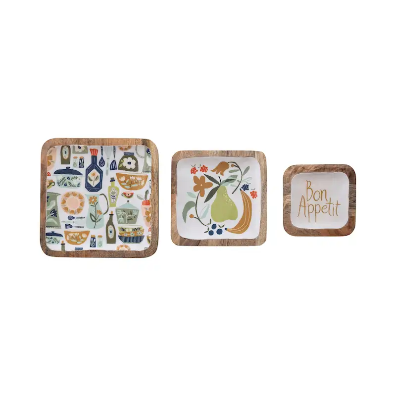 Enameled Mango Wood Trays with Kitchenware Pattern - 10.0 L x 10.0 W x 0.8 H - 10.0 L x 10.0 W x 0.8 H