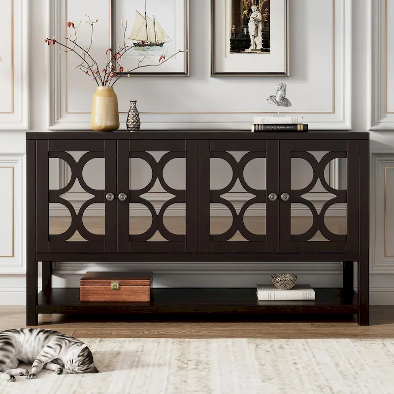 Retro Console Cabinet with Mirrored Doors and Open Shelf