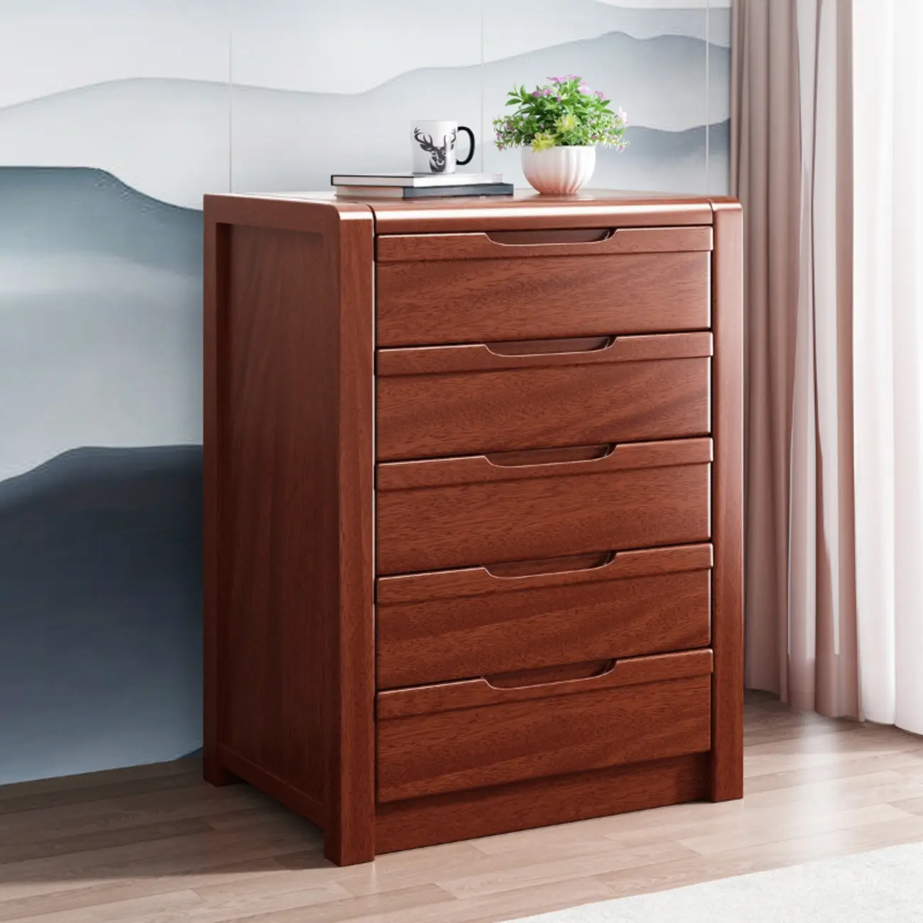 Freestanding Mid-Century Brown Solid Wood Cabinet with Drawers