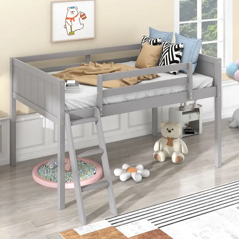Grey/White Low Loft Bed with Convertible Ladder, Twin/Full, Single