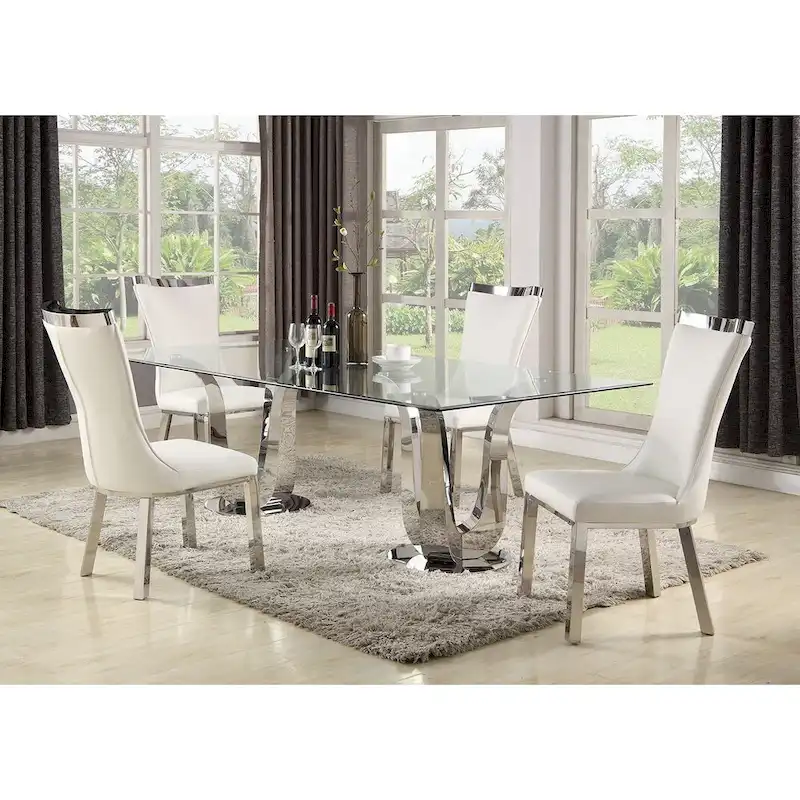 Rectangular Glass Dining Table - Double Tulip Pedestal Base (Silver)