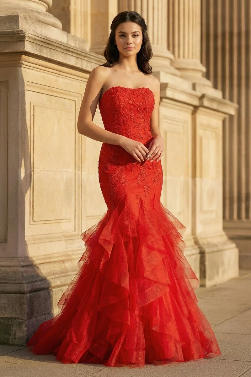 Strapless Mermaid Red Lace Long Prom Dresses with Ruffles