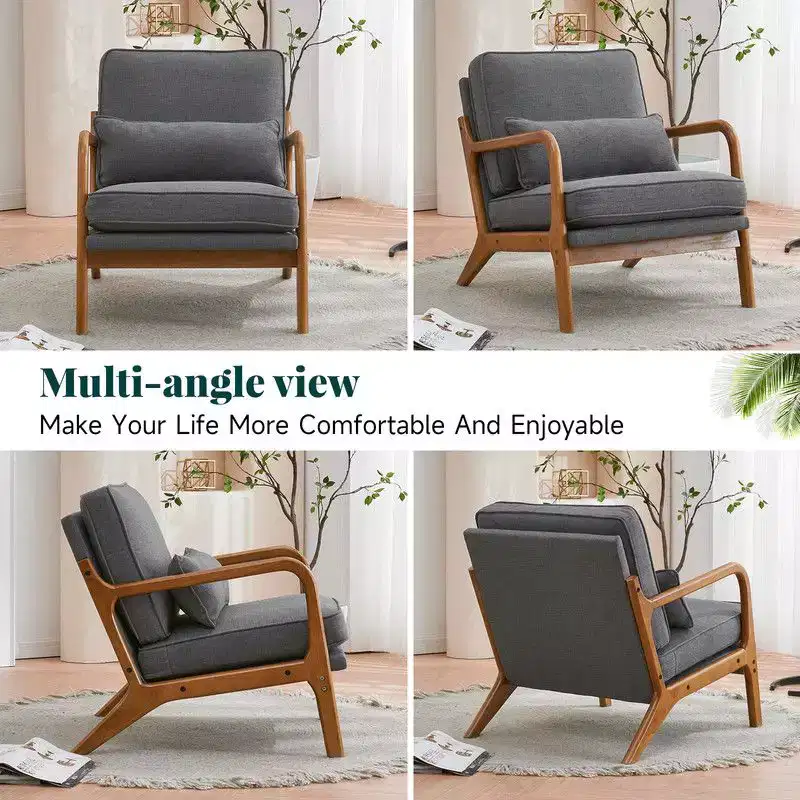 Karl Home 2Pcs Mid Century Solid Wood Accent Chair Upholstered Armchair with an Extra Pillow