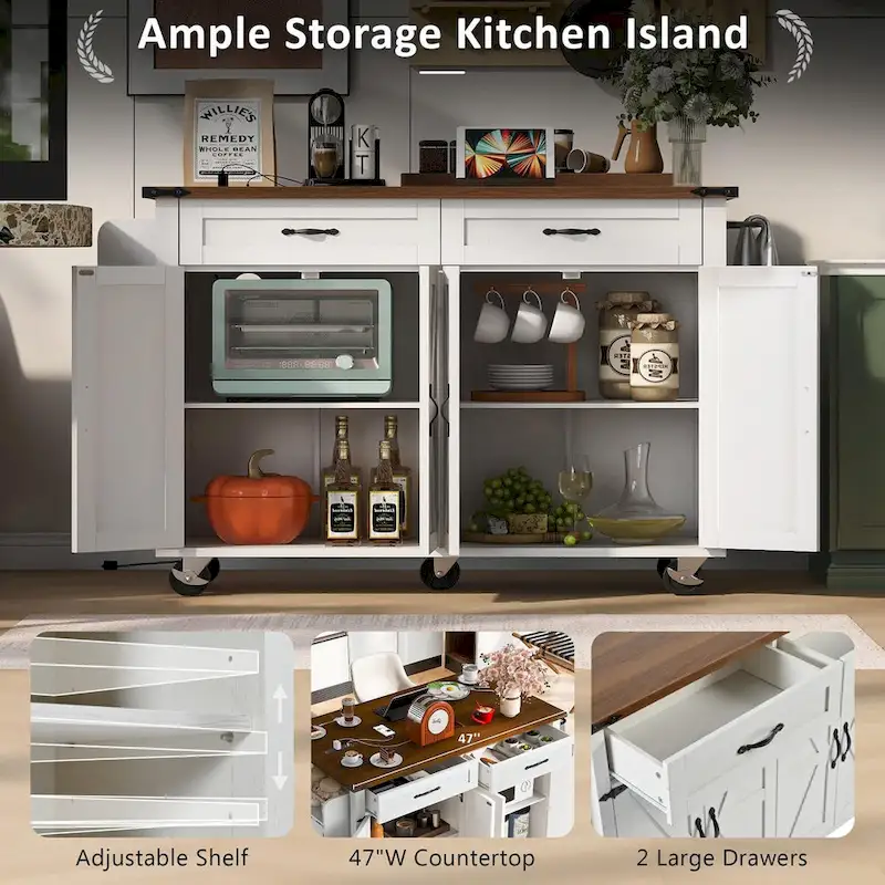 53.5 Farmhouse Kitchen Trolley with Power Outlet, Drop Leaf, Spice Rack, and Drawers, Mobile Cart on Wheels