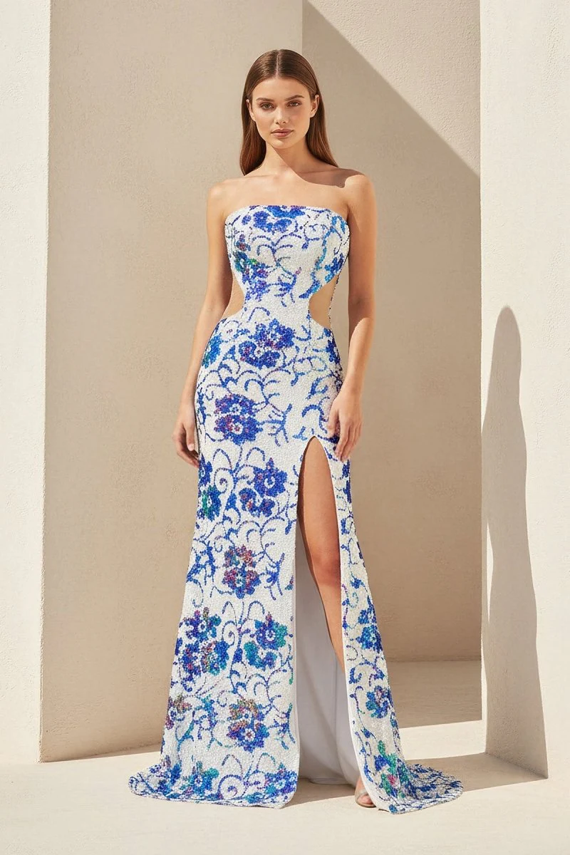 Blue Strapless Mermaid Sequined Cutout Long Formal Prom Dresses With Slit