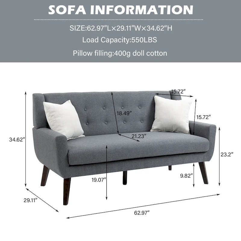 Tufted Linen/Cotton 2-Seater Sofa with Pillows