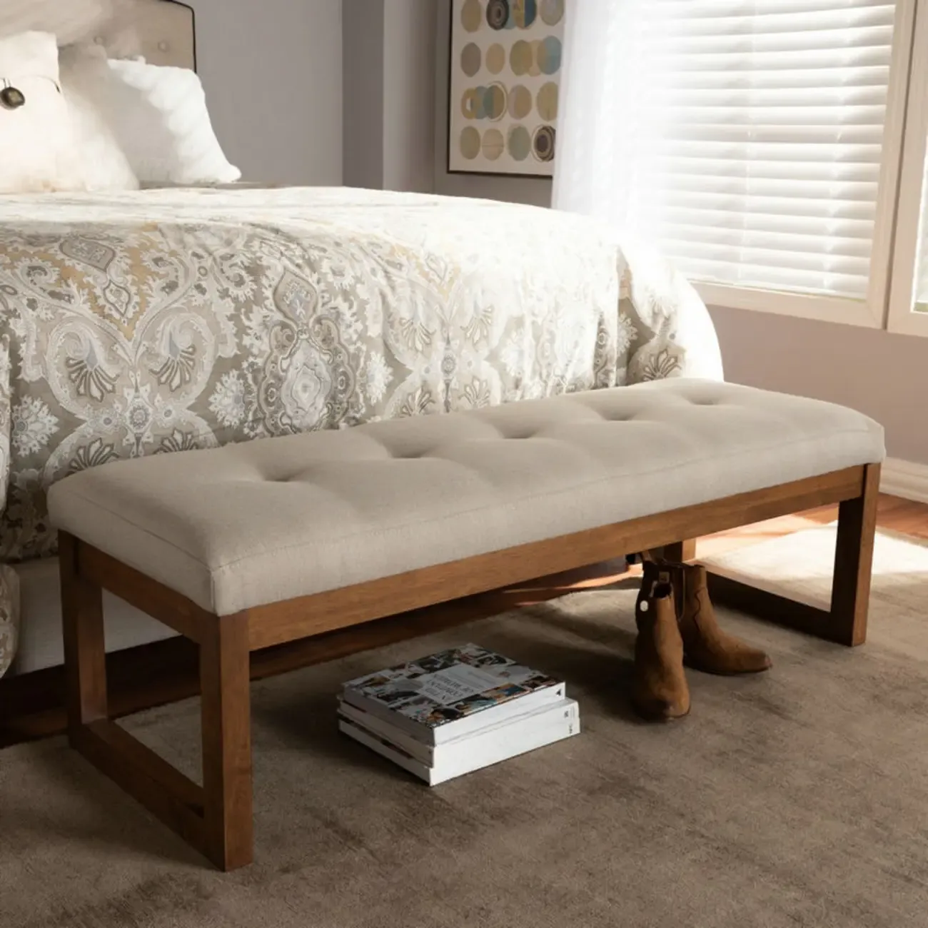 Traditional Upholstered Gray Bedroom Bench Wood Frame