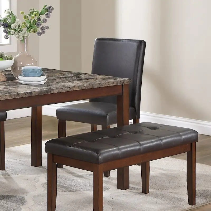 5 Piece Dining Table Set, Kitchen Dinette Set with Faux Marble Top Table, Bench and 3 Faux Leather Cushioned Chairs