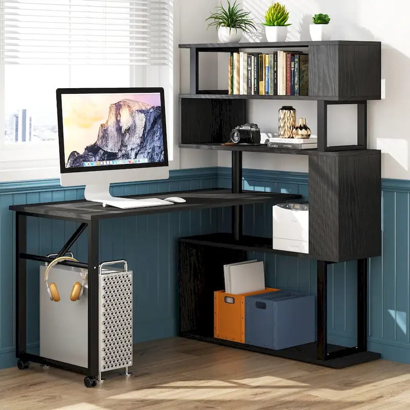L-Shaped Rotating Computer Desk with 5 Shelves Bookshelf
